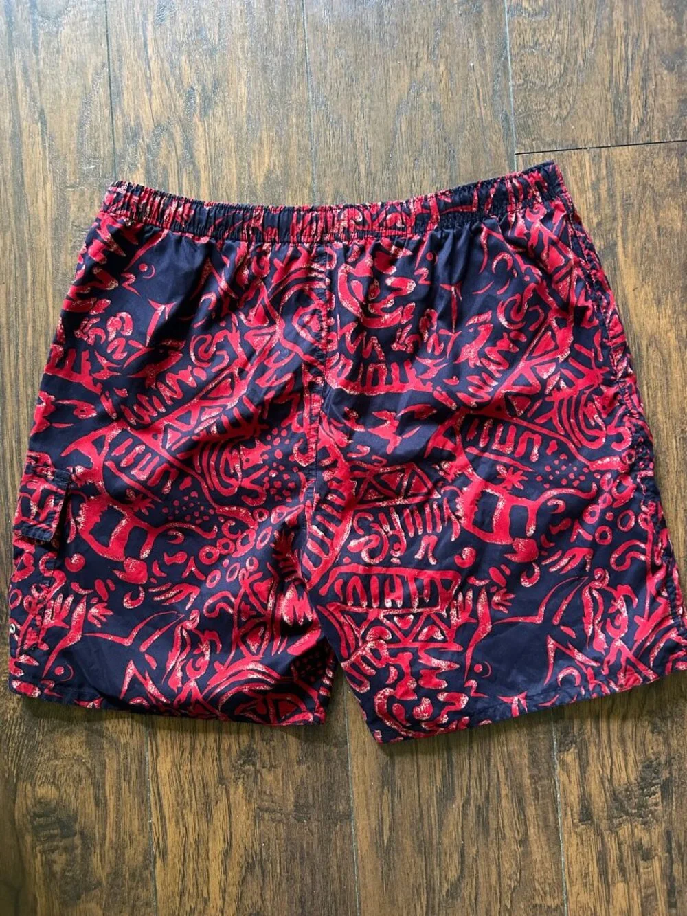 Men's Red & Black Printed Swim Trunks with Elastic Waist